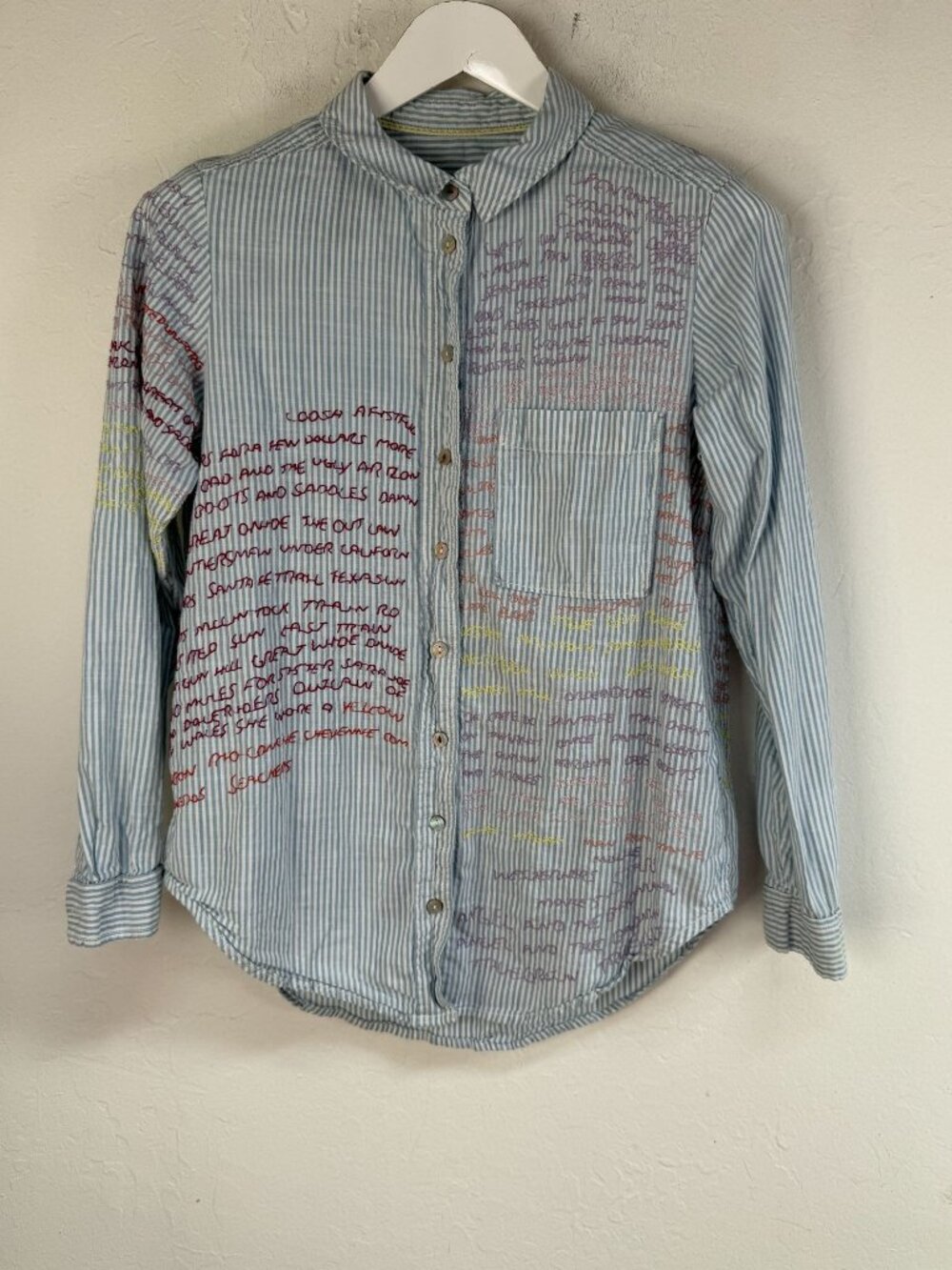 Anthropologie Pilcro The Cate Classic Embroidered Script Shirt Blue Stripe Small